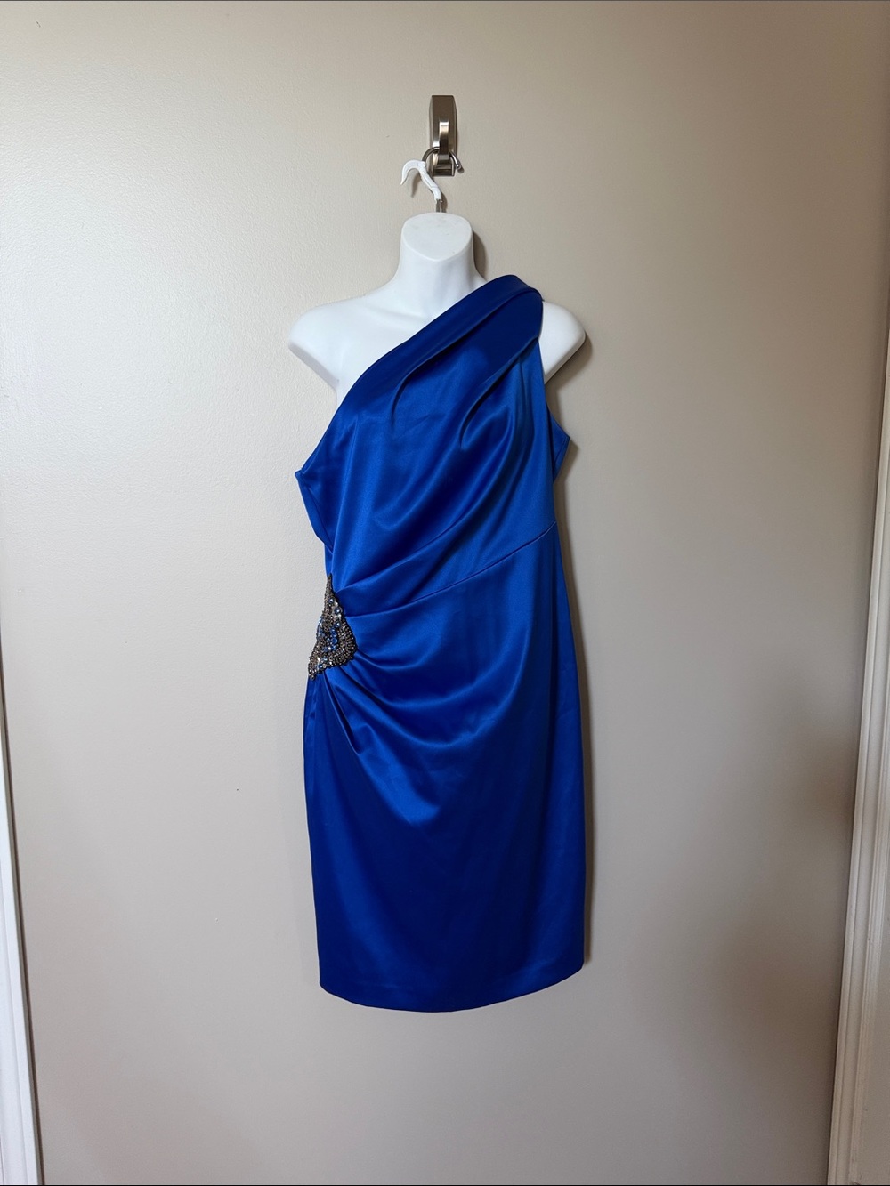Eliza J One-Shoulder Cobalt Blue Cocktail Dress with Beaded Accent